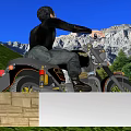Man Riding Vintage Motorcycle On Wooden Platform With Mountain Trees And Blue Sky