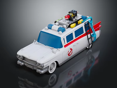 White Toy Car Model With Red Blue Accents Roof Equipment Ladder And Decorative Parts 3d model