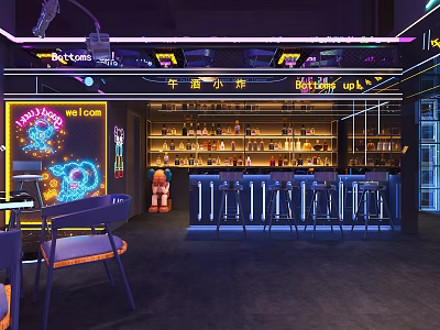 Modern Bar Interior Design With Neon Lights Bar Counter Stools And Bottle Shelves 3d model