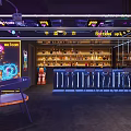 Modern Bar Interior Design With Neon Lights Bar Counter Stools And Bottle Shelves