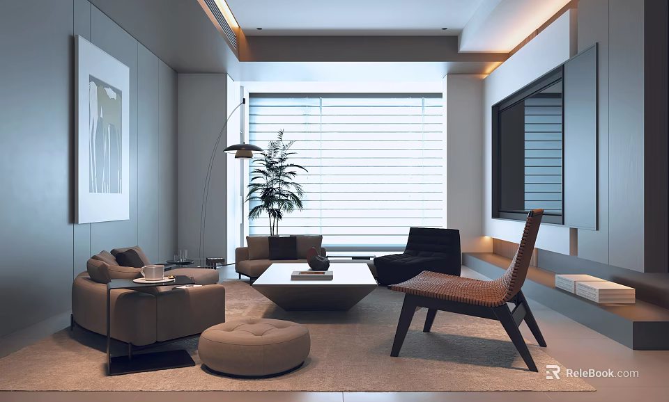 Modern Minimalist Neutral Toned Living Room With Cozy Upholstered Seating And Elegant Large Window Blinds 3d model 