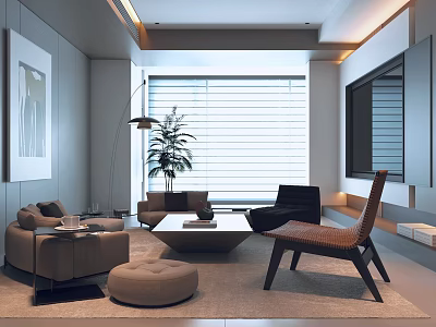 Modern Minimalist Neutral Toned Living Room With Cozy Upholstered Seating And Elegant Large Window Blinds 3d model