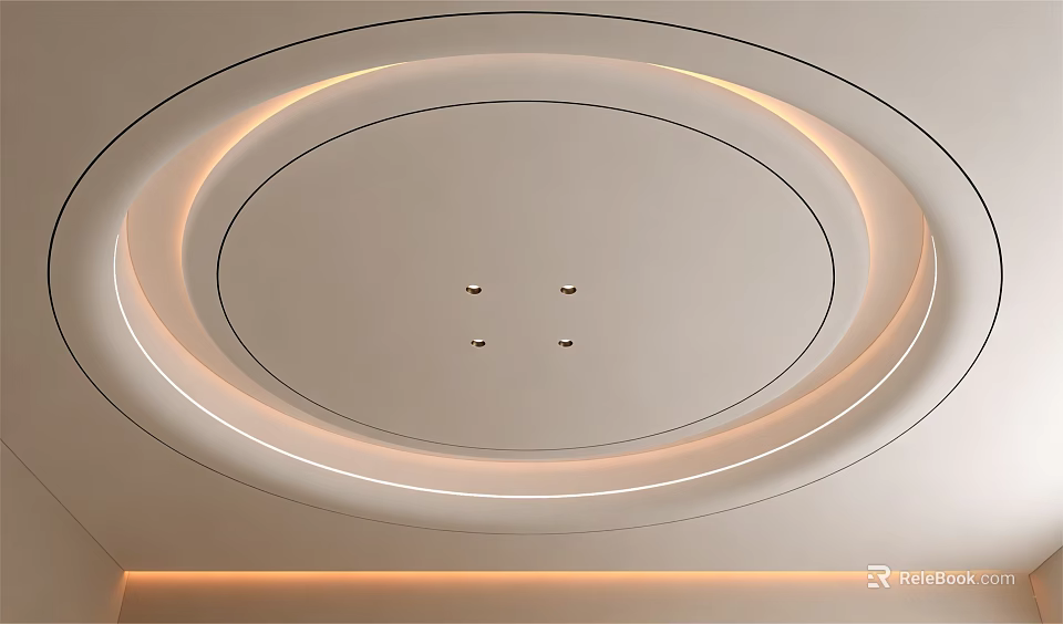 Modern Layered Circular Ceiling Design With Chandelier And Ambient Lighting Strips 3d model 