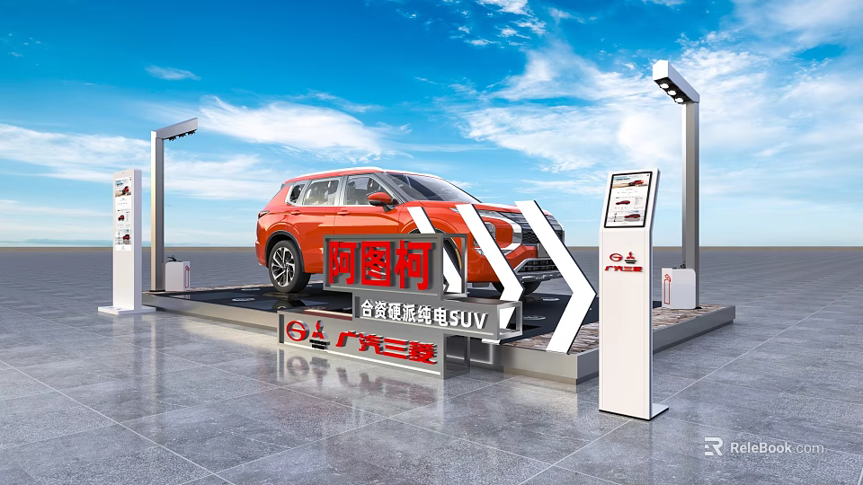Modern Display Shelves Showcasing Orange SUV with Digital Screens and Pillars on Exhibition Platform 3d model 