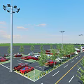 Well Organized Parking Lot With Parked Cars Light Poles Trees And Marked Spaces