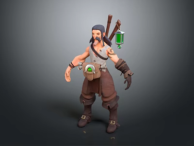 Bearded Male Game and Movie Character With Brown Outfit Backpack Weapons And Green Vial 3d model