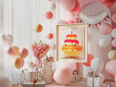 Birthday Themed Ornament Decoration Set With Balloons Flower Bouquet Cake Frame And Gift Boxes 3d model
