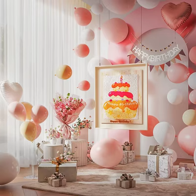 Birthday Themed Ornament Decoration Set With Balloons Flower Bouquet Cake Frame And Gift Boxes 3d model