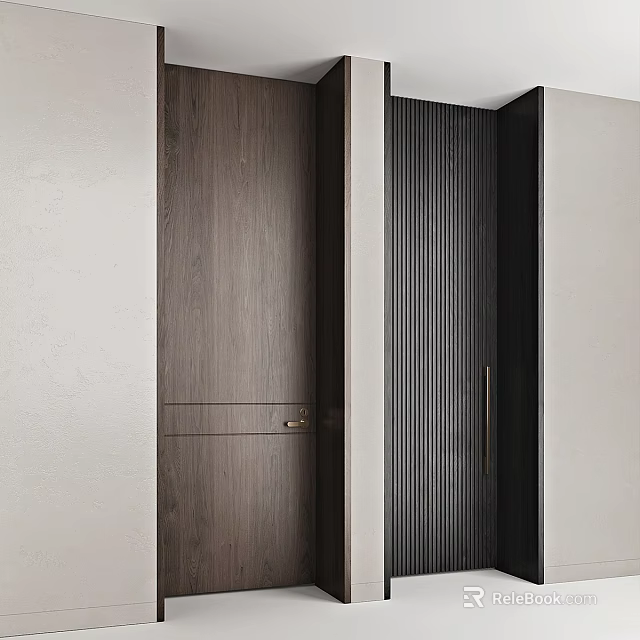 Modern Dark Brown Wooden Hinged Door Design With Vertical Slats And Brass Handle 3d model 