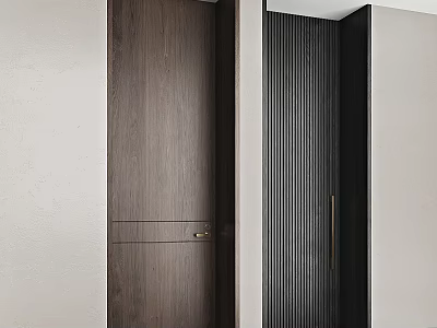 Modern Dark Brown Wooden Hinged Door Design With Vertical Slats And Brass Handle 3d model