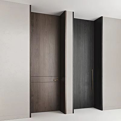 Modern Dark Brown Wooden Hinged Door Design With Vertical Slats And Brass Handle 3d model