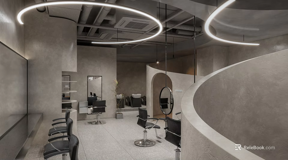 Modern Hair Salon Interior With Gray Tone Curved Design And Hair Chairs Mirrors Pendant Lights 3d model 