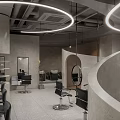 Modern Hair Salon Interior With Gray Tone Curved Design And Hair Chairs Mirrors Pendant Lights