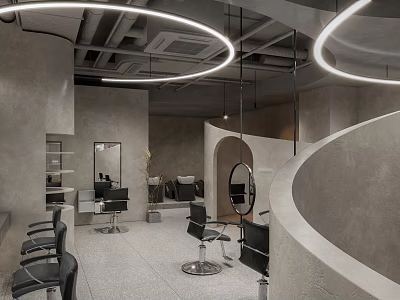 Modern Hair Salon Interior With Gray Tone Curved Design And Hair Chairs Mirrors Pendant Lights 3d model