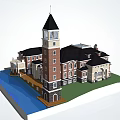 European Style Detached Villa With Tower Waterfront Lawn And Balconies Windows