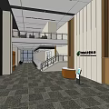 Modern Company Reception Hall With Spacious Area Marble Floor Wooden Wall And Glass Railing