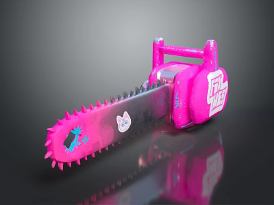 Pink Chainsaw with Graffiti Design POWER Text Cat Face Graphic and Star Decorations 3d model