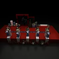 Elegant Stage Setup Featuring Red Platform White Pillars Decorations Black Structure And Red Carpet Steps 3d model