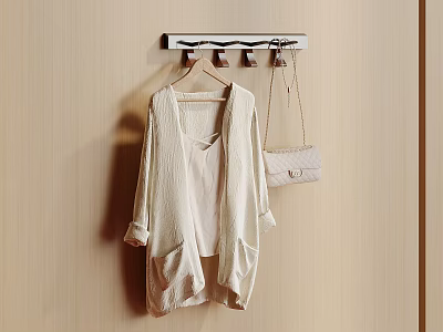 Mounted Hook Rack with Hanging Coat and Small Bag on Wooden Wall 3d model