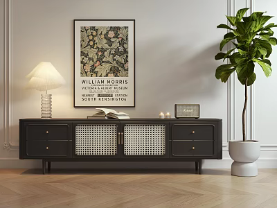 Stylish Black TV Stand with Woven Panels Drawers Lamp Large Plant and Framed Artwork 3d model