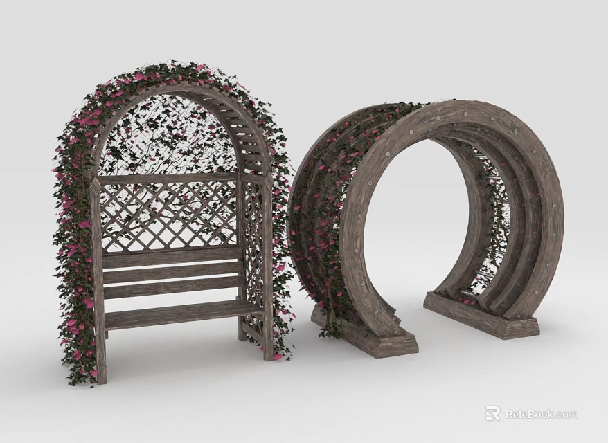 Wooden Outdoor Chair With Vine And Flower Decorations On Garden Arbor Structure 3d model 