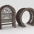 Wooden Outdoor Chair With Vine And Flower Decorations On Garden Arbor Structure