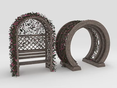 Wooden Outdoor Chair With Vine And Flower Decorations On Garden Arbor Structure 3d model
