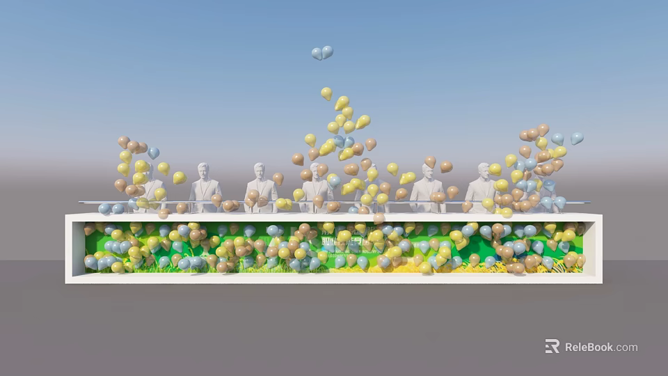 Launch Device With Multiple Colorful Balloons And Standing Figures On Elevated Structure 3d model 