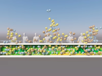 Launch Device With Multiple Colorful Balloons And Standing Figures On Elevated Structure 3d model