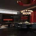 Elegant Private Room Interior Design With Red Walls Chandelier Dining Table And Blue Chairs