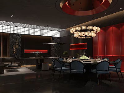 Elegant Private Room Interior Design With Red Walls Chandelier Dining Table And Blue Chairs 3d model
