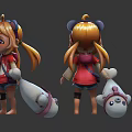 Anime Style Game Character With Twin Ponytails And Plush Doll Accessory