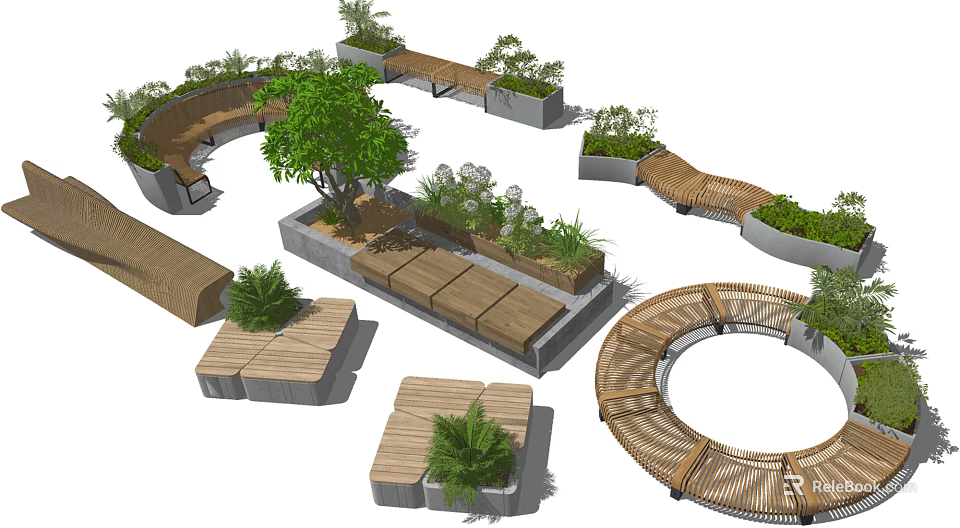 Wooden Landscape Seats With Various Shapes Green Plants And Garden Landscape Design 3d model 