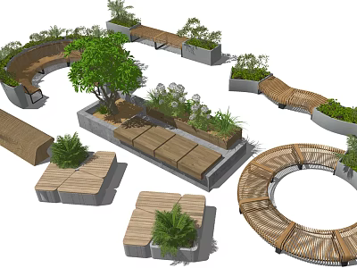 Wooden Landscape Seats With Various Shapes Green Plants And Garden Landscape Design 3d model