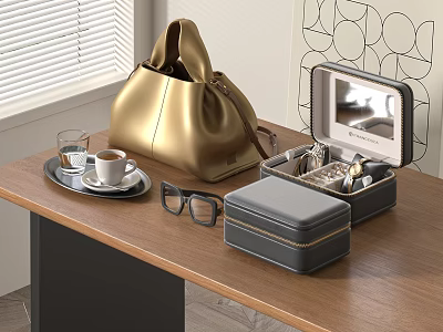 Golden Leather Bag And Gray Jewelry Storage Box On Wooden Table With Coffee Cup 3d model