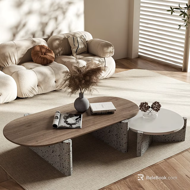 Cozy Beige Sofa With Wooden Coffee Table Set Featuring Concrete Base And Decorative Items 3d model 
