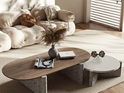 Cozy Beige Sofa With Wooden Coffee Table Set Featuring Concrete Base And Decorative Items 3d model