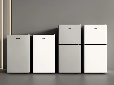 Different Sizes Gray and White Refrigerators and Freezers Arranged in Modern Setting 3d model