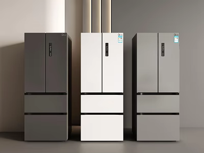 Three Dark Gray White Light Gray Multi Door Design Modern Minimalist Refrigerators In Indoor Setting 3d model