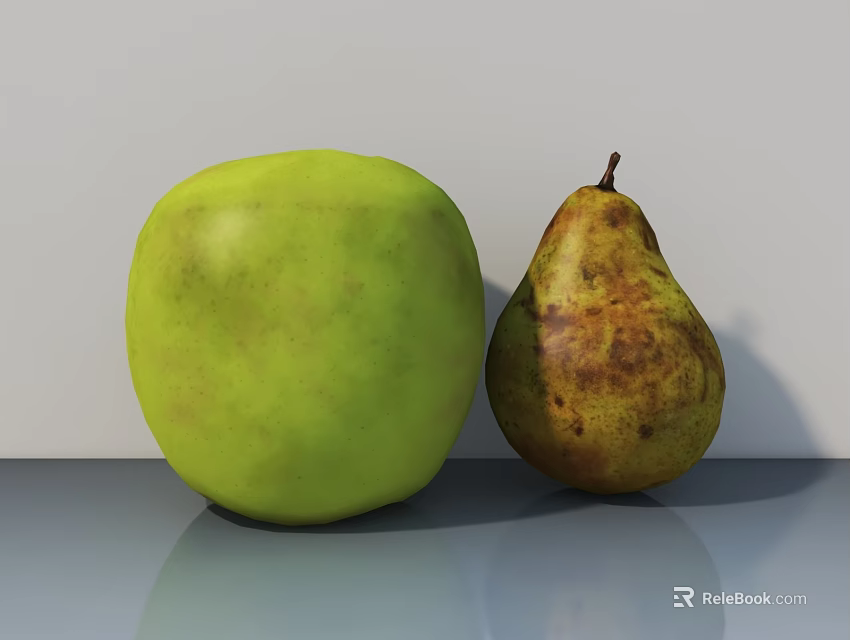 Fresh Green Apple and Ripe Pear Placed on Gray Surface with White Background 3d model 