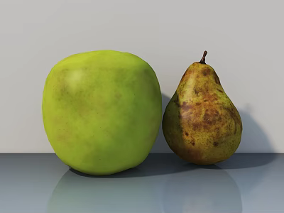 Fresh Green Apple and Ripe Pear Placed on Gray Surface with White Background 3d model