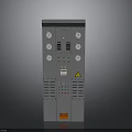Gray Industrial Control Panel With Multiple Gauges Buttons Indicator Lights Warning Sign And Orange Label