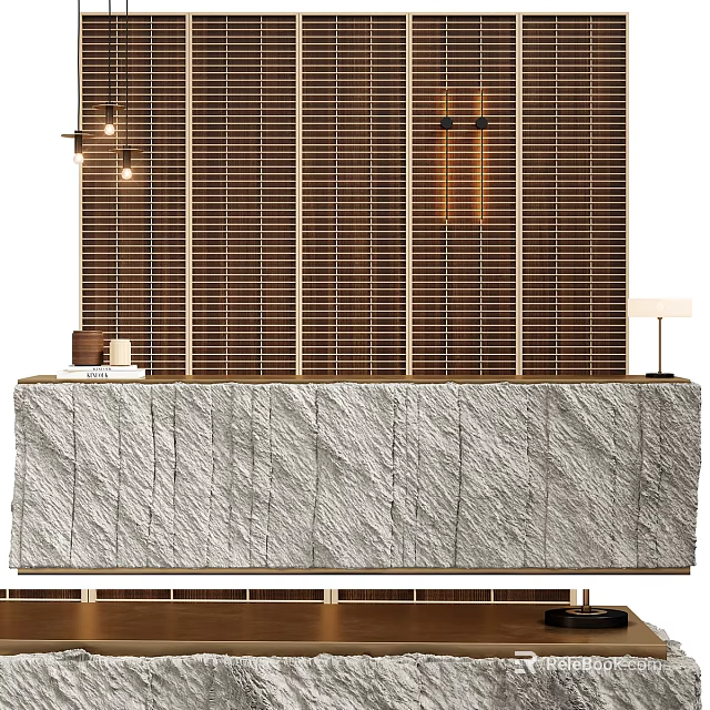 Modern Reception Desk with Stone Countertop Wooden Slat Backdrop and Pendant Lights 3d model 