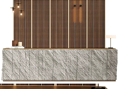 Modern Reception Desk with Stone Countertop Wooden Slat Backdrop and Pendant Lights 3d model