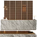 Modern Reception Desk with Stone Countertop Wooden Slat Backdrop and Pendant Lights