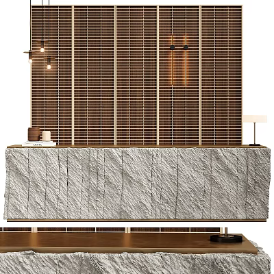 Modern Reception Desk with Stone Countertop Wooden Slat Backdrop and Pendant Lights 3d model