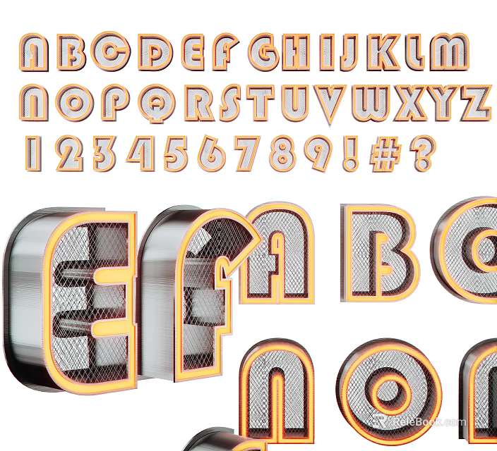 3D Letter And Number Decorative Lights With Metallic Grid Texture Design 3d model 