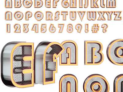 3D Letter And Number Decorative Lights With Metallic Grid Texture Design 3d model