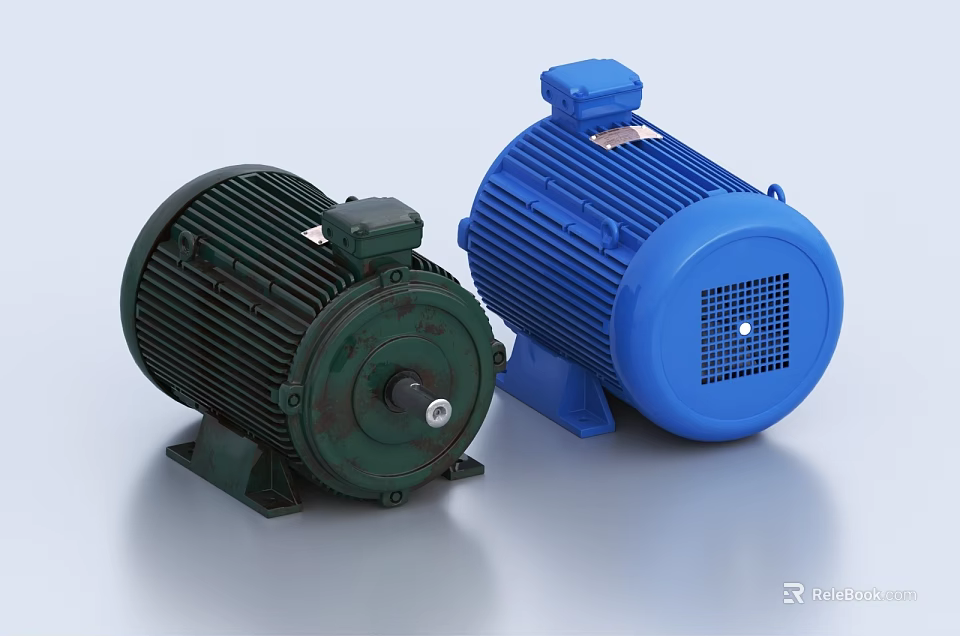 High Performance Green And Blue Electric Motors As Industrial Equipment For Machinery Applications 3d model 