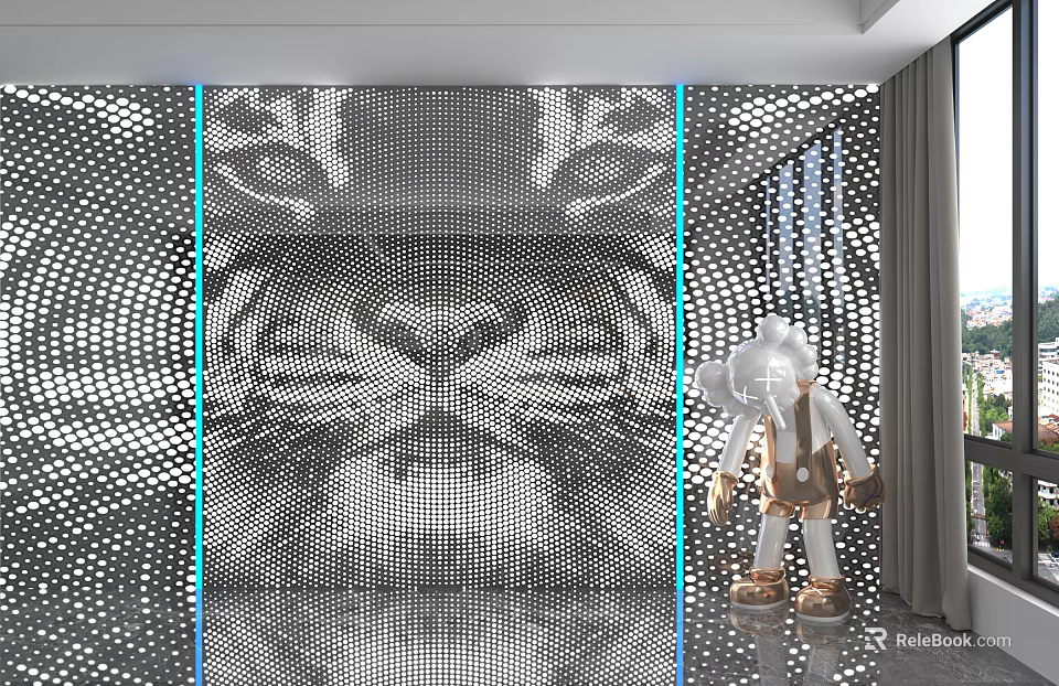 Room Interior Featuring Wall Panel With Dot Pattern Face Design White Sculpture And Smooth Floor 3d model